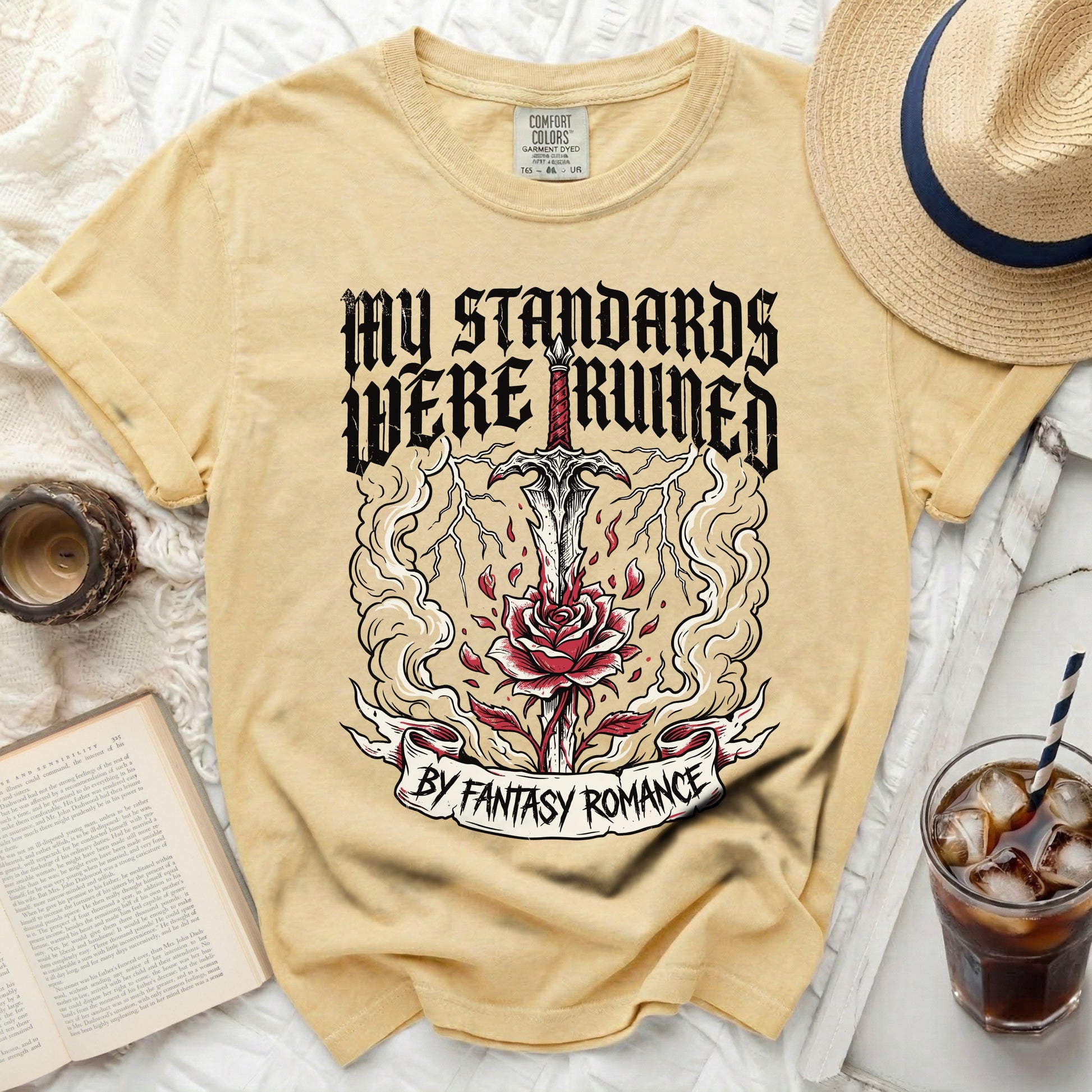 Yellow t-shirt with sword, rose, and text "My Standards Were Ruined By Fantasy Romance."