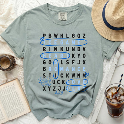 T-shirt with hockey-themed word search.