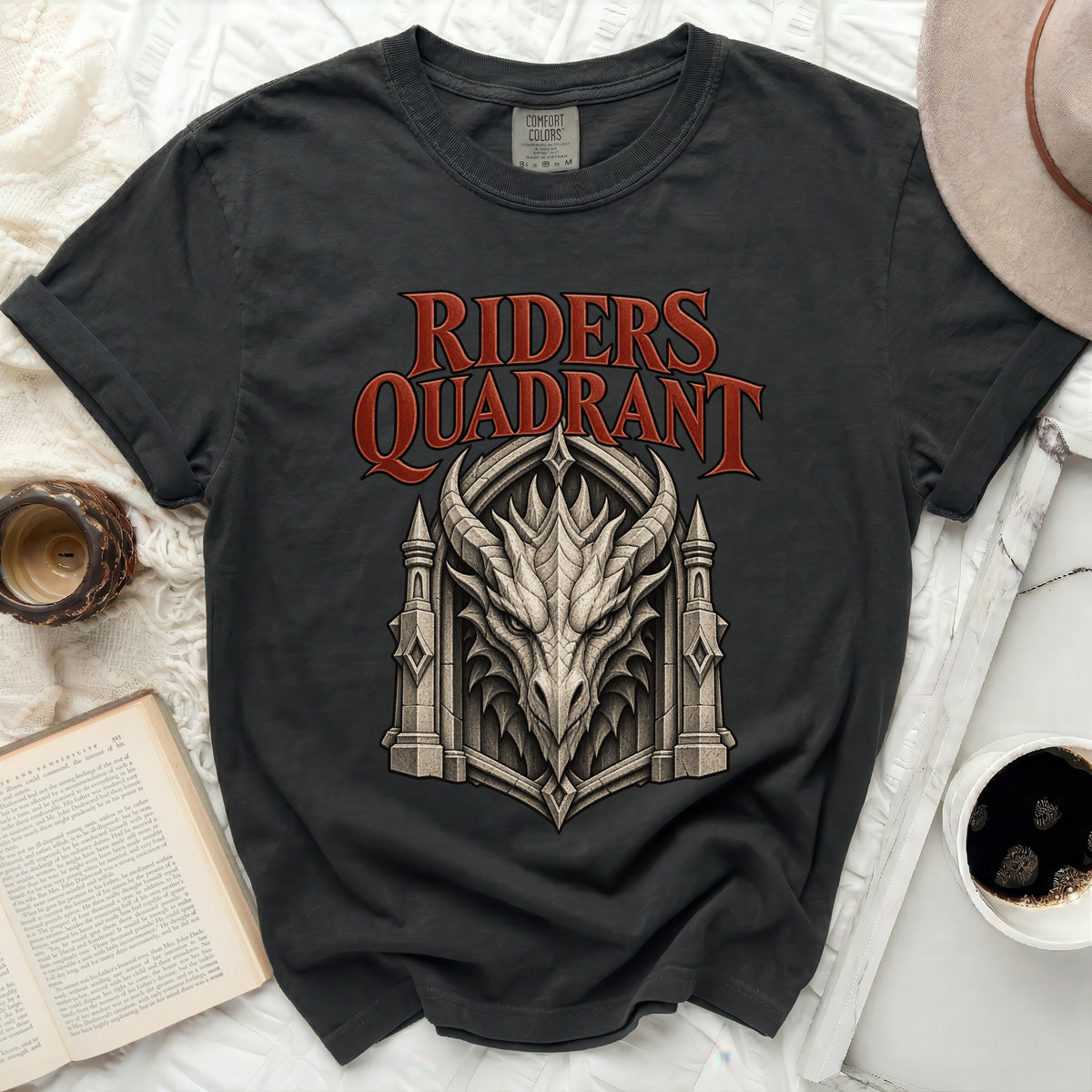 Dark gray t-shirt with "RIDERS QUADRANT" text and a dragon head graphic.
