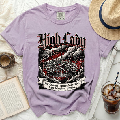 Purple t-shirt with "High Lady" and "Feyre Archeron" design.