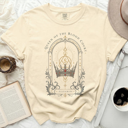 T-shirt with crown and ornate shield design, "Queen of the Blood Court" text.