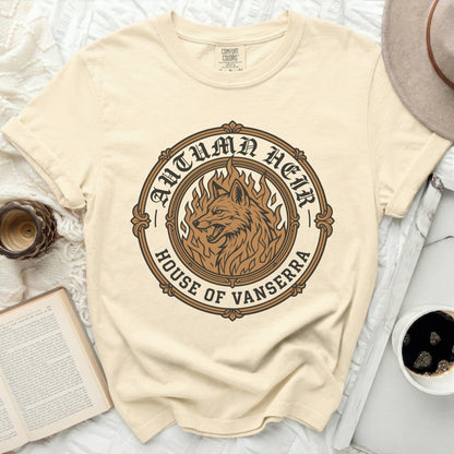 Cream t-shirt with "Autumn Heir House of Vanserra" wolf graphic design.