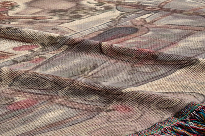 The image is a close-up of a fabric with a floral pattern, featuring a mix of pink, green, and brown colors.