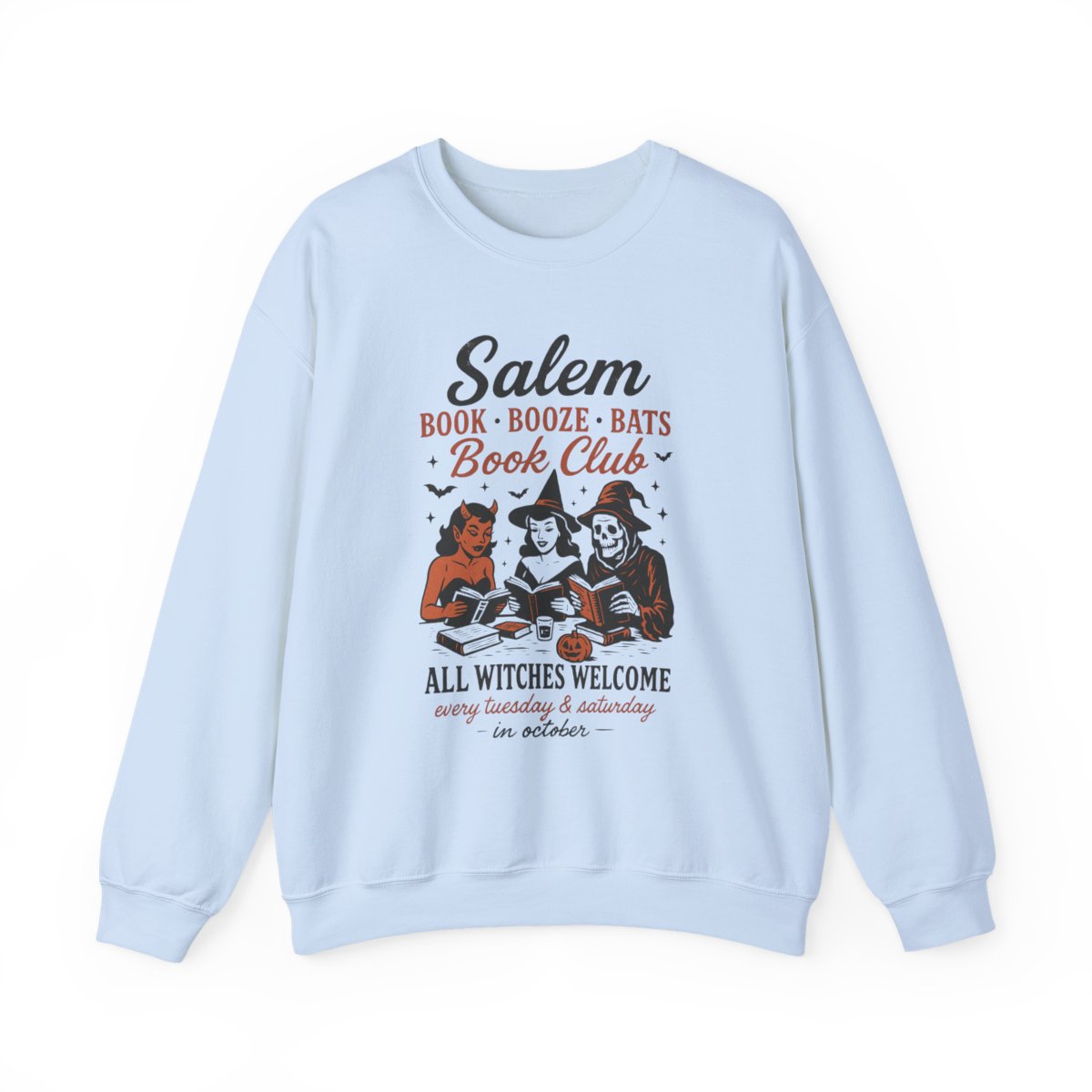 Salem Book Booze Bats Book Club Graphic Print Sweatshirt - MagicMerchEmporium