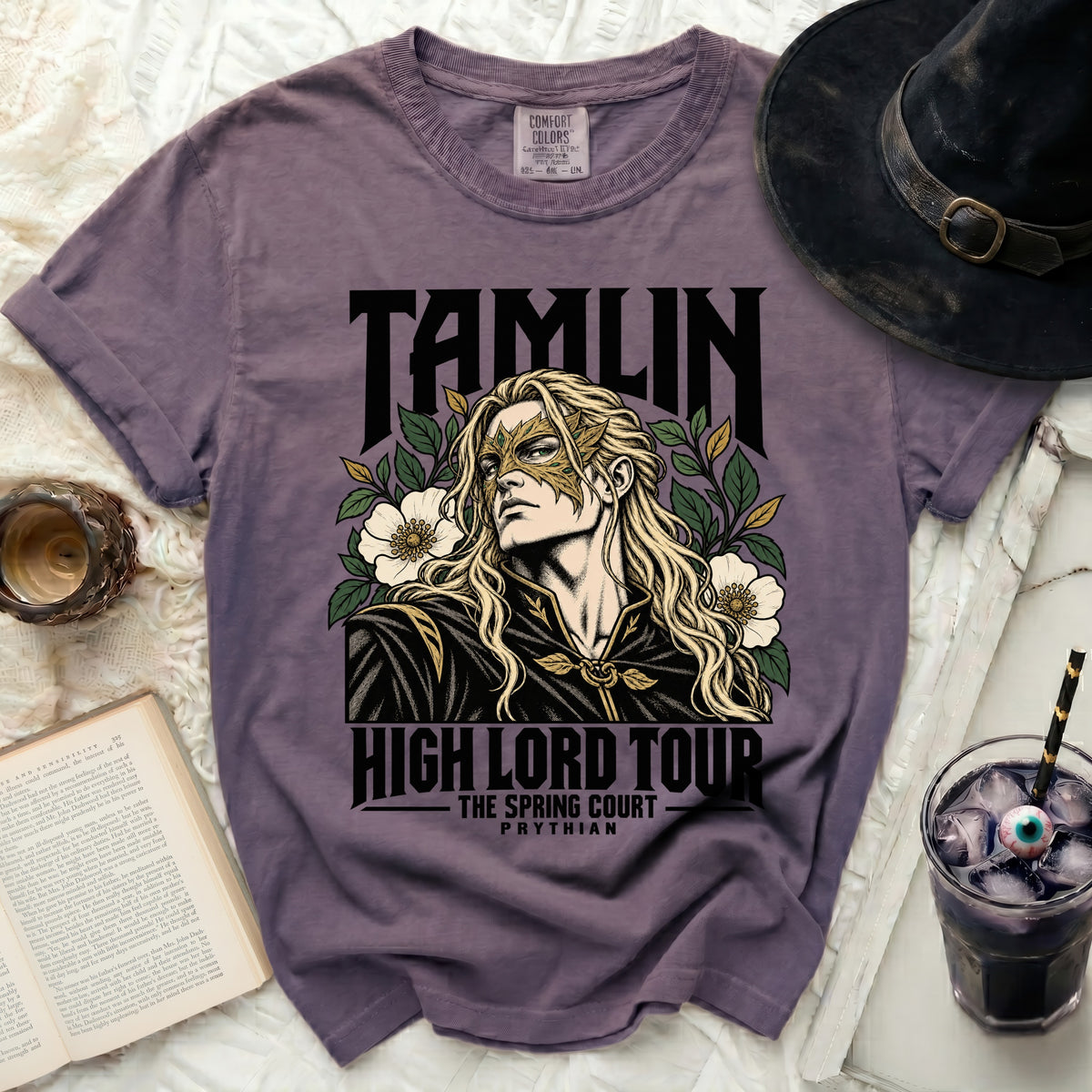 Purple t-shirt with "Tamlin High Lord Tour The Spring Court Prythian" text and artwork.