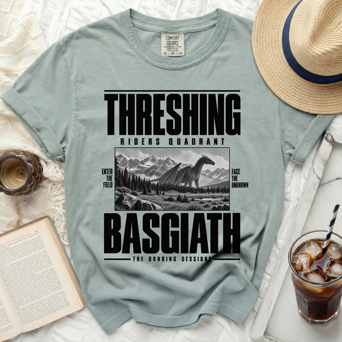 T-shirt with "THRESHING RIDERS QUADRANT BASGIATH THE BONDING SESSIONS" text and dragon graphic.
