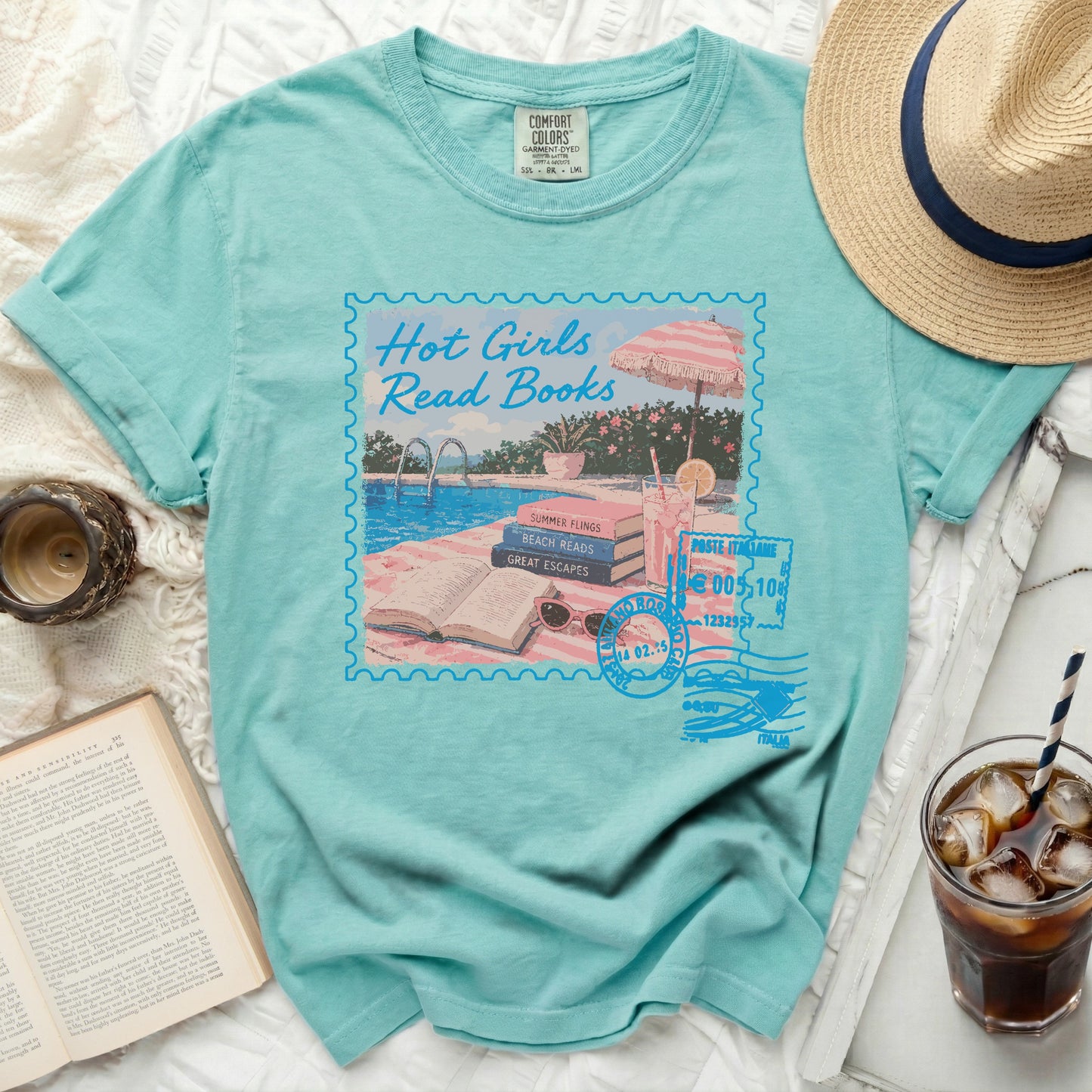 Aqua t-shirt with "Hot Girls Read Books" stamp design and book details.