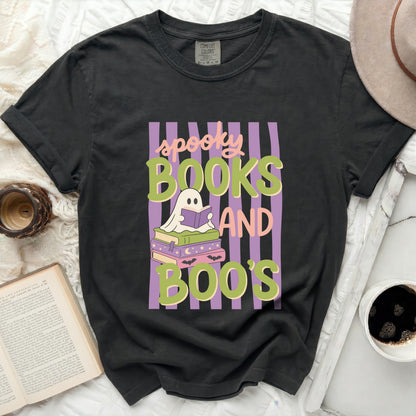 Black t-shirt with "spooky books and boo's" Halloween graphic.