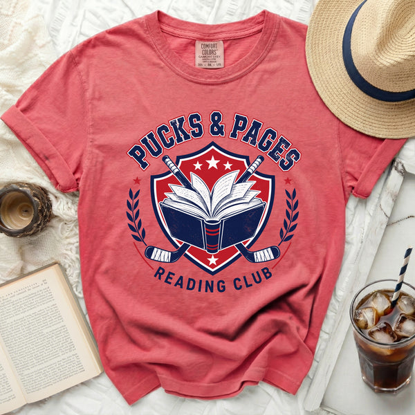 Pucks & Pages Reading Club Hockey Tee in Watermelon