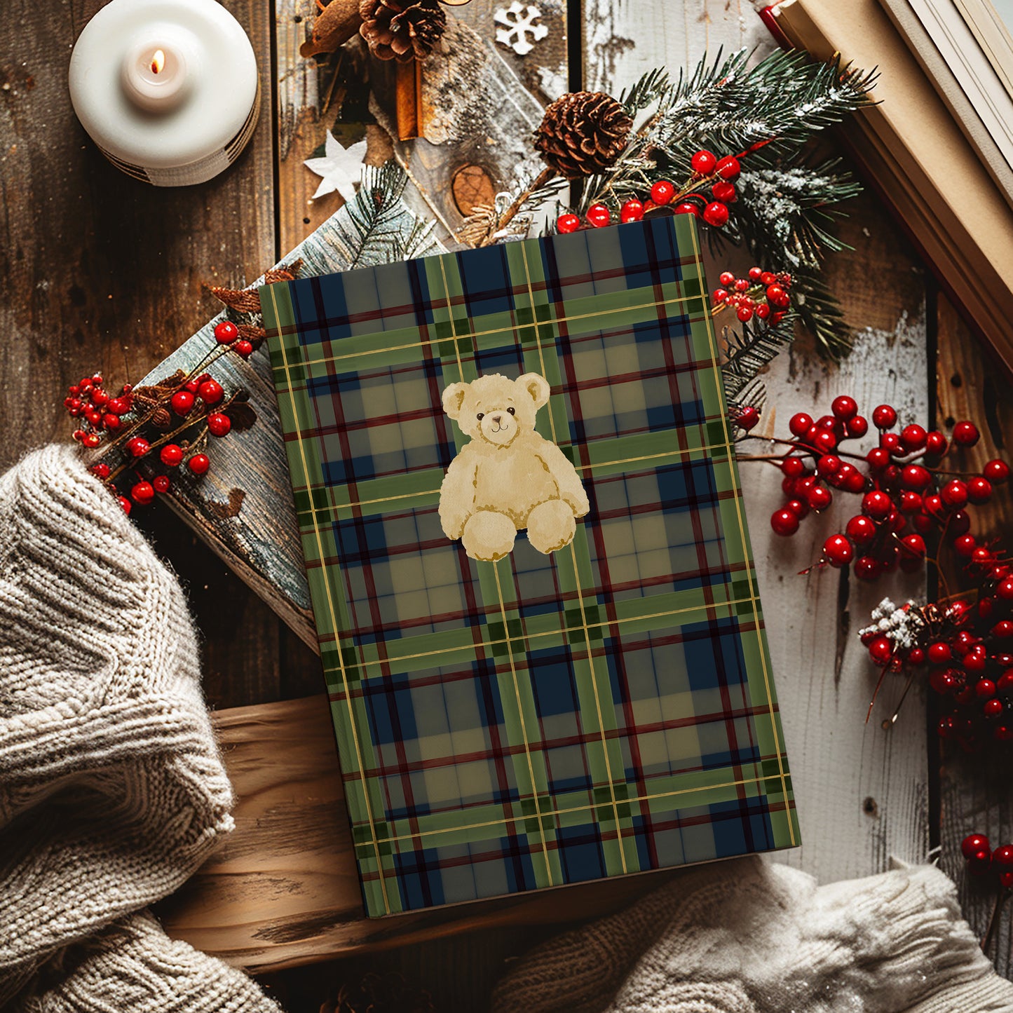 Festive Teddy Bear Design Plaid Hardcover Journal