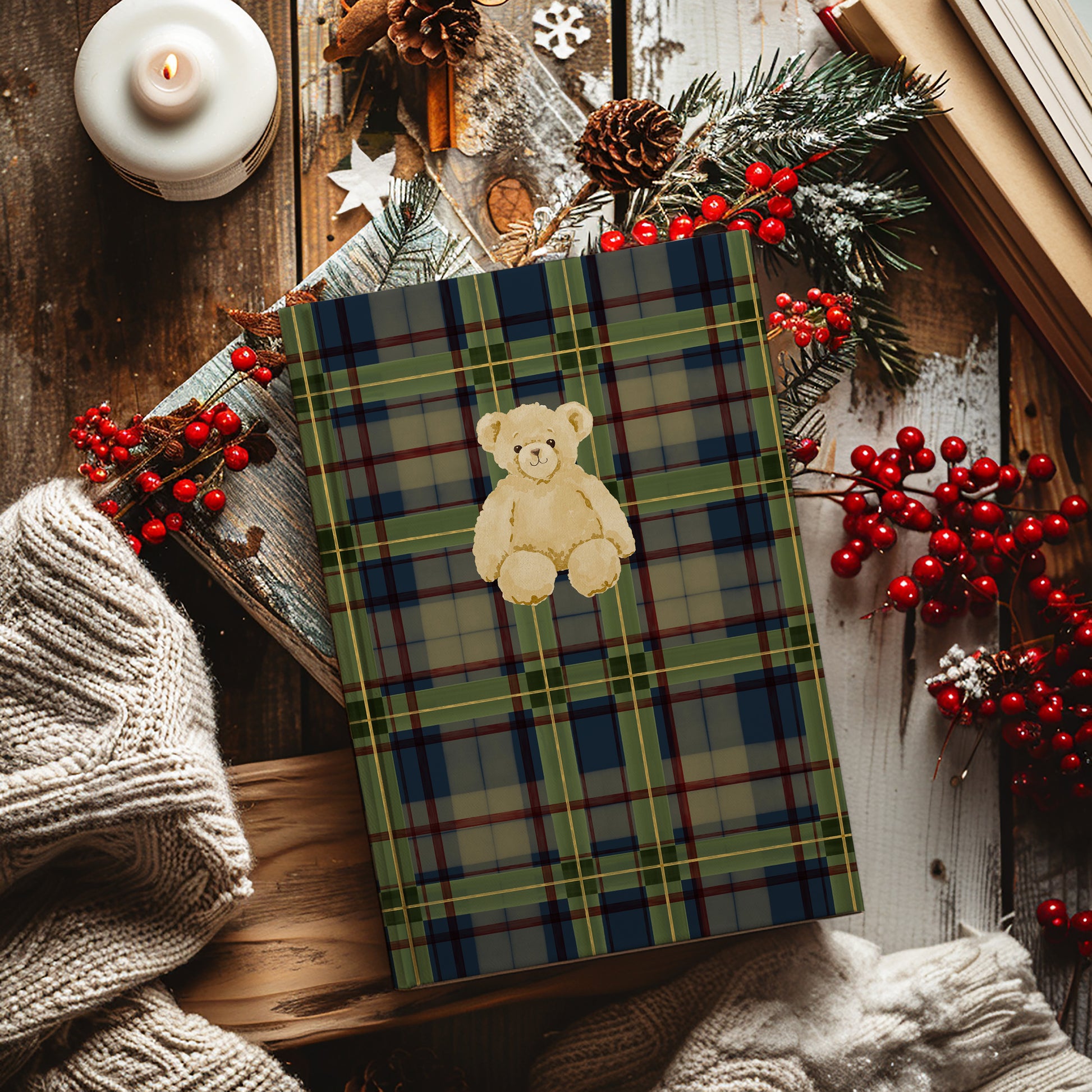 Festive Teddy Bear Design Plaid Hardcover Journal