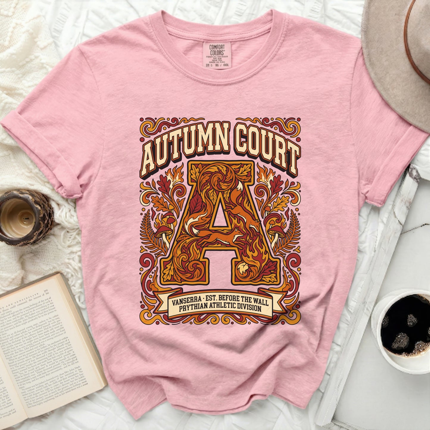 Pink t-shirt with "Autumn Court" and "Vanserra Prythian Athletic Division" graphic.