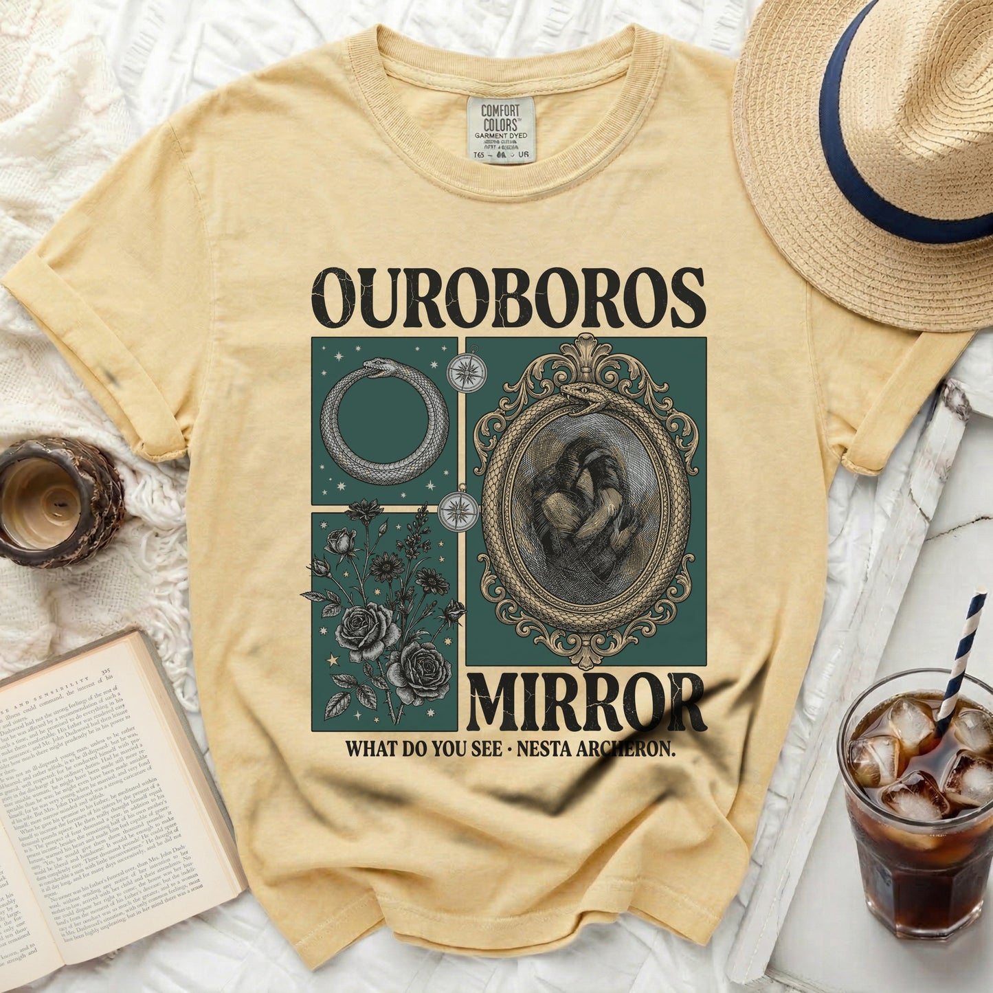 Yellow t-shirt with OUROBOROS MIRROR graphic and text.