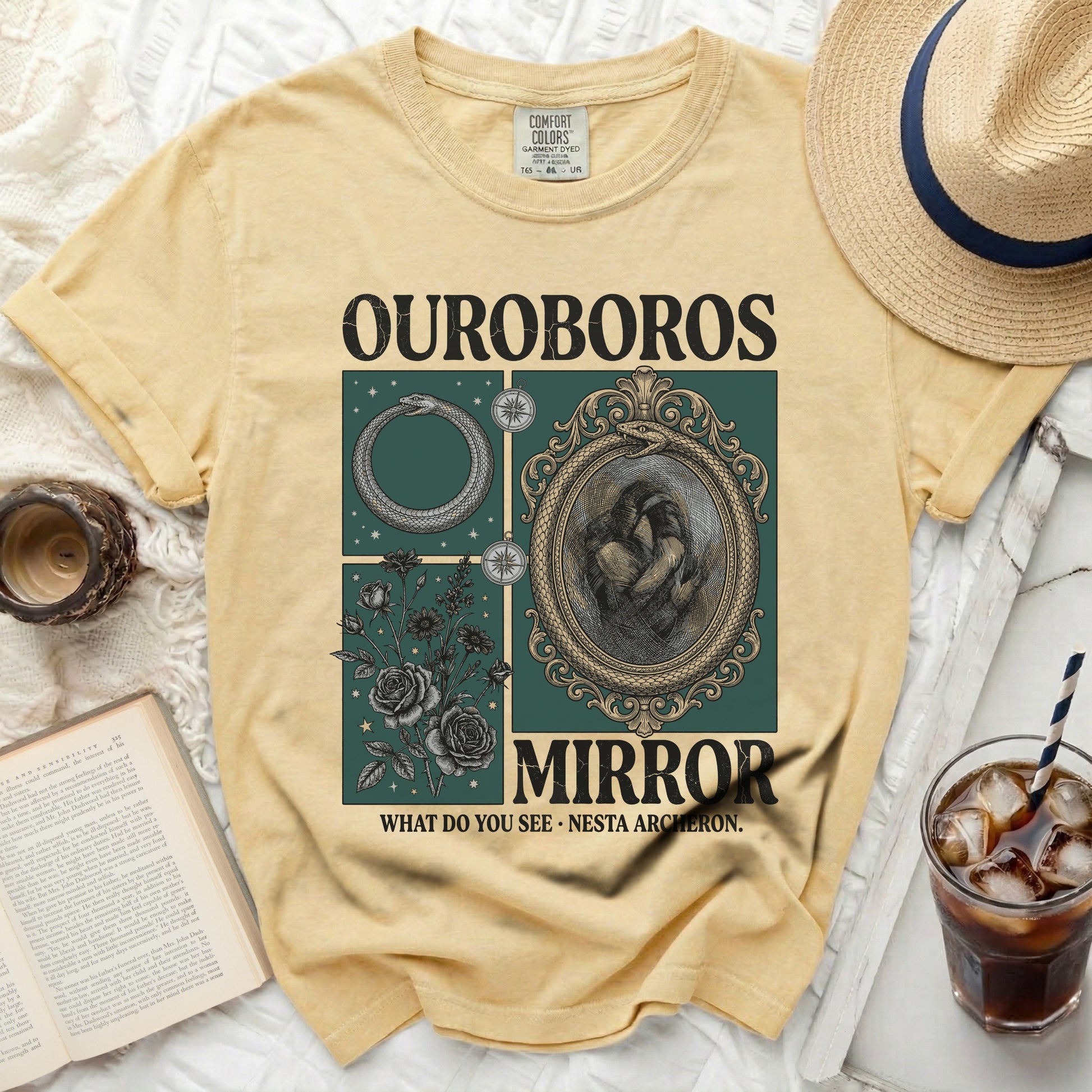 Yellow t-shirt with OUROBOROS MIRROR graphic and text.