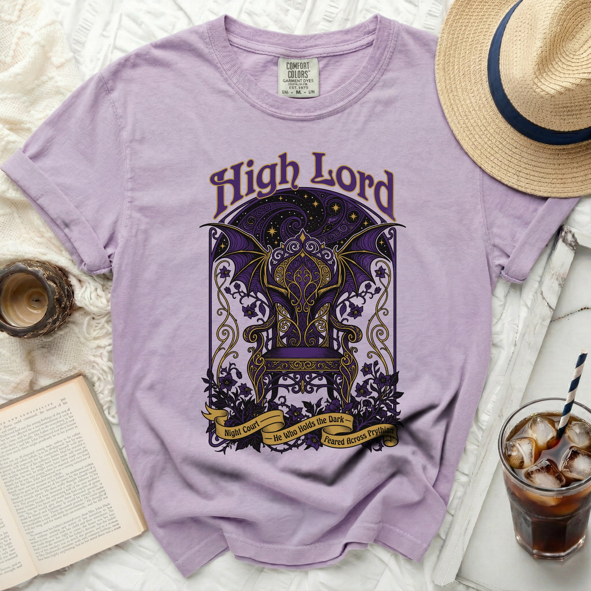 Purple t-shirt with "High Lord" and a throne design.