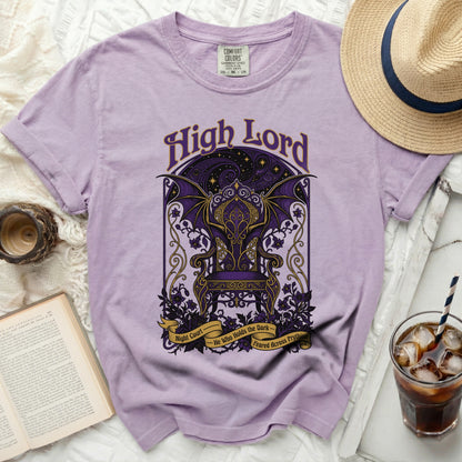 Purple t-shirt with "High Lord" and a throne design.