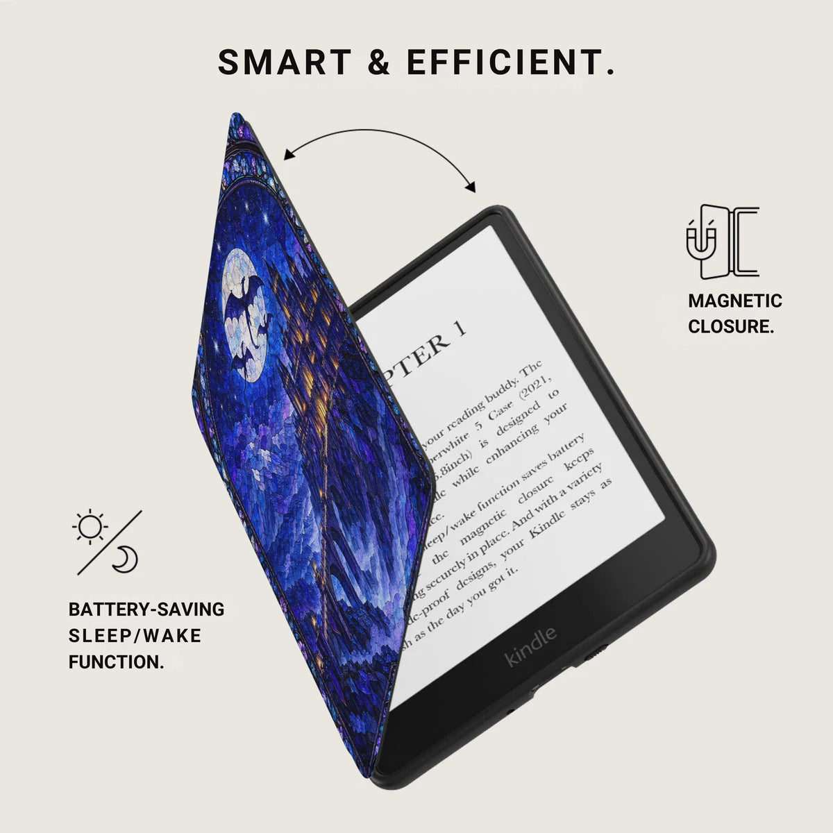 An e-reader in a blue stained glass patterned case, highlighting magnetic closure and sleep wake features.