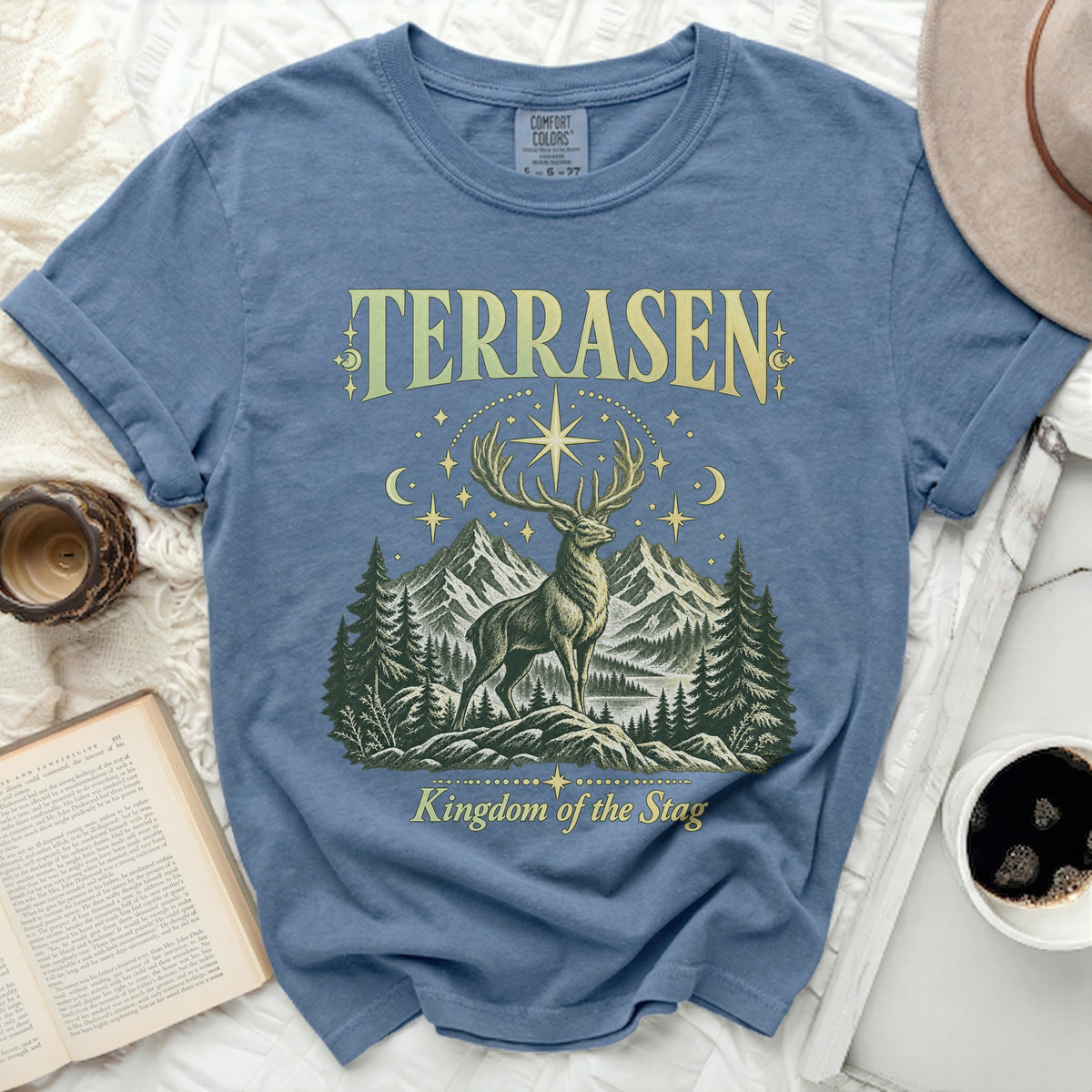 Blue t-shirt with "Terrasen Kingdom of the Stag" graphic featuring a stag.
