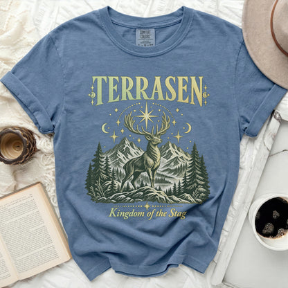 Blue t-shirt with "Terrasen Kingdom of the Stag" graphic featuring a stag.