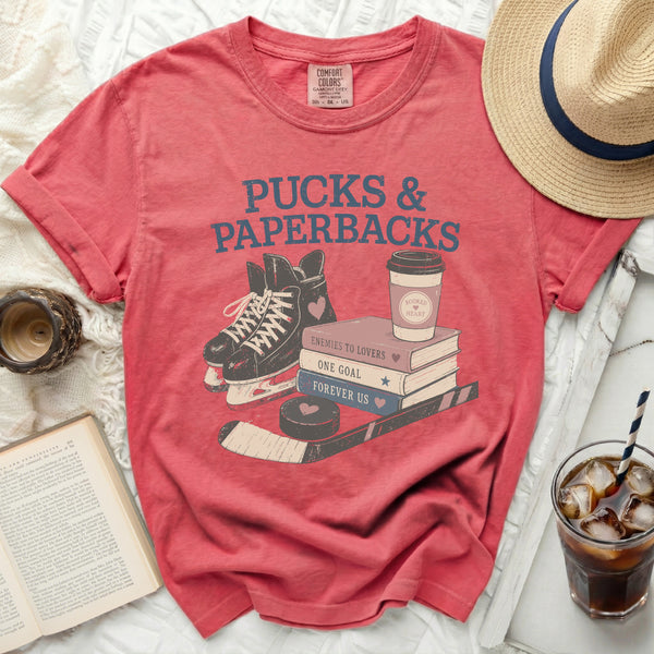 Pucks & Paperbacks Book Stacks Tee in Watermelon
