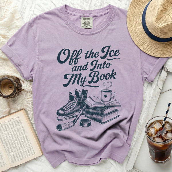 Off the Ice & Into My Book Hockey Reader Tee in Orchid