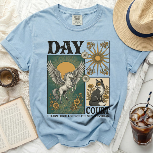 Light blue t-shirt with "DAY COURT HELION HIGH LORD OF THE SUN PRYTHIAN" graphic.