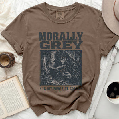 Brown t-shirt with "Morally Grey Is My Favorite Color" graphic.