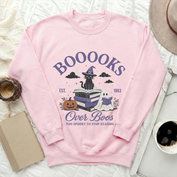 Boooks Over Boos Halloween Sweatshirt in Light Pink