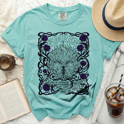 Teal t-shirt with "Amren" and wolf graphic, "Second in Command, Night Court, Ancient, What She Truly Is."