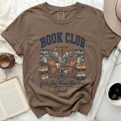 Brown t-shirt with "Book Club" and "Girls Just Wanna Read Smut" text.