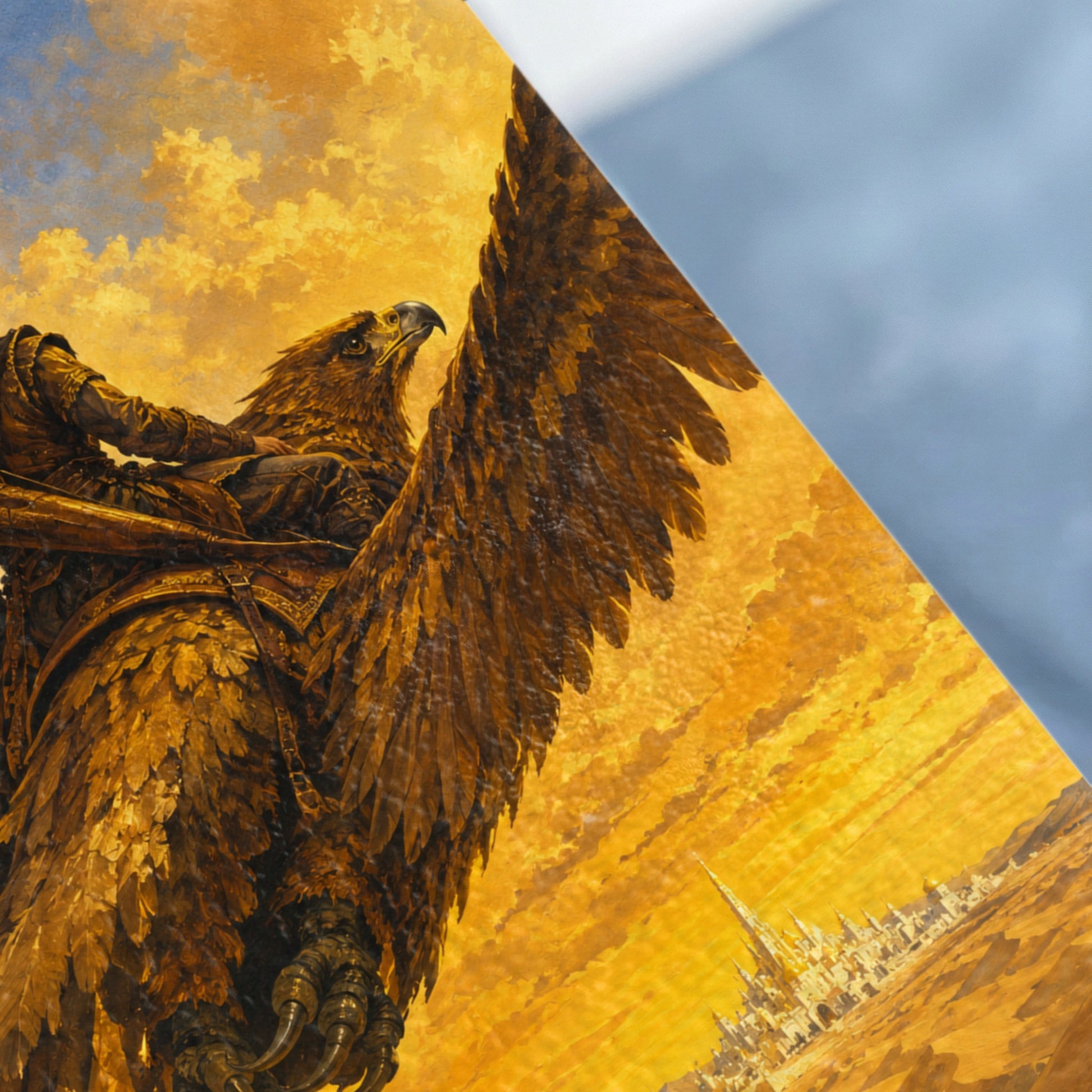 Painting of a winged warrior riding a large eagle over a desert city.