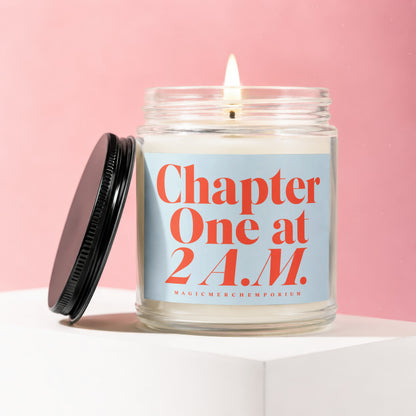 Candle with text "Chapter One at 2 A.M." on a light blue label.