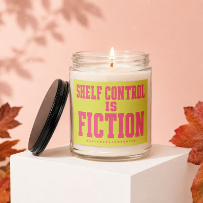 Candle with bright flame, featuring text "SHELF CONTROL IS FICTION".