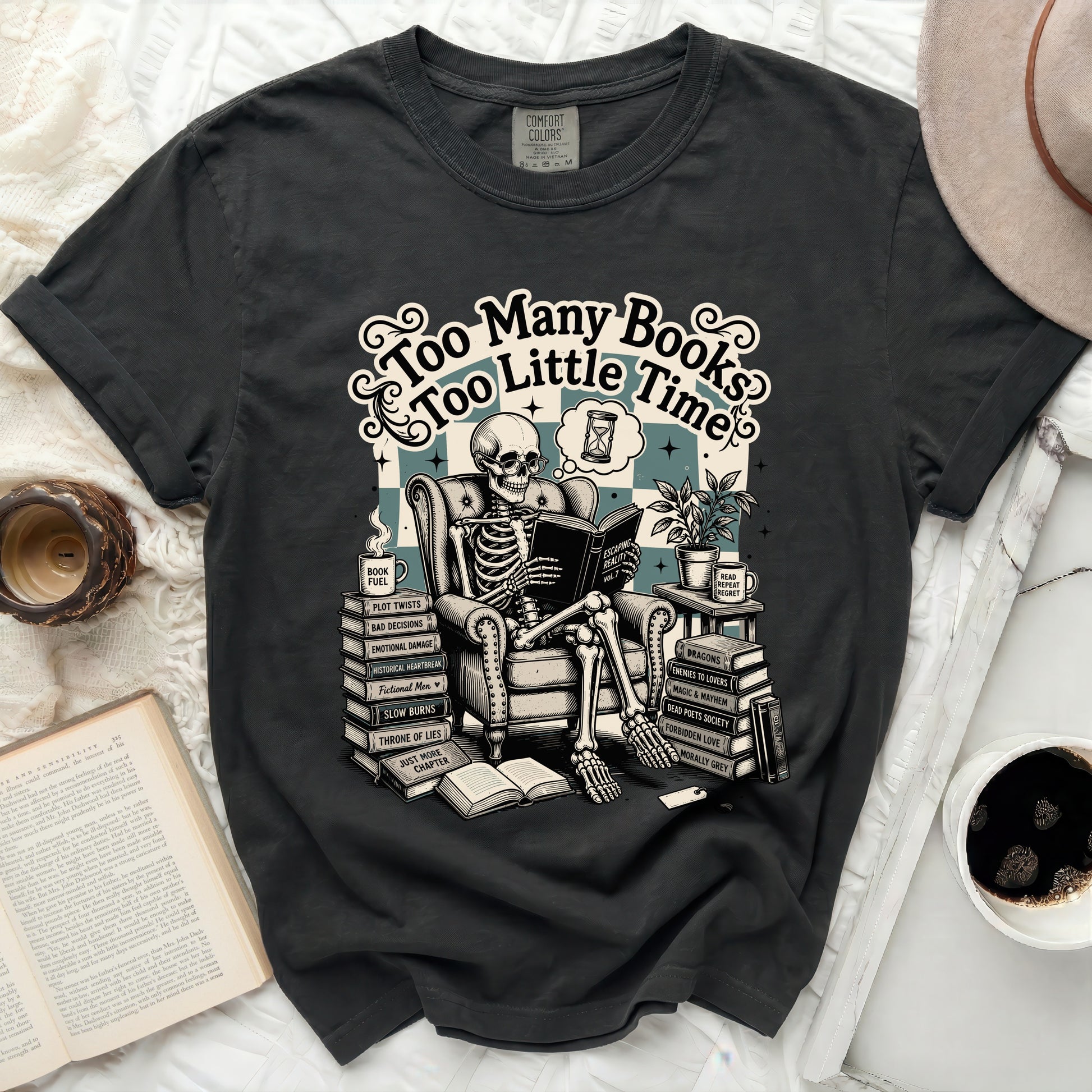 Skeleton reading a book with "Too Many Books Too Little Time" text.
