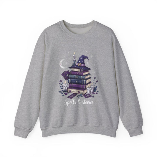Spells Stories Stack Books Witch Hat Graphic Sweatshirt - MagicMerchEmporium