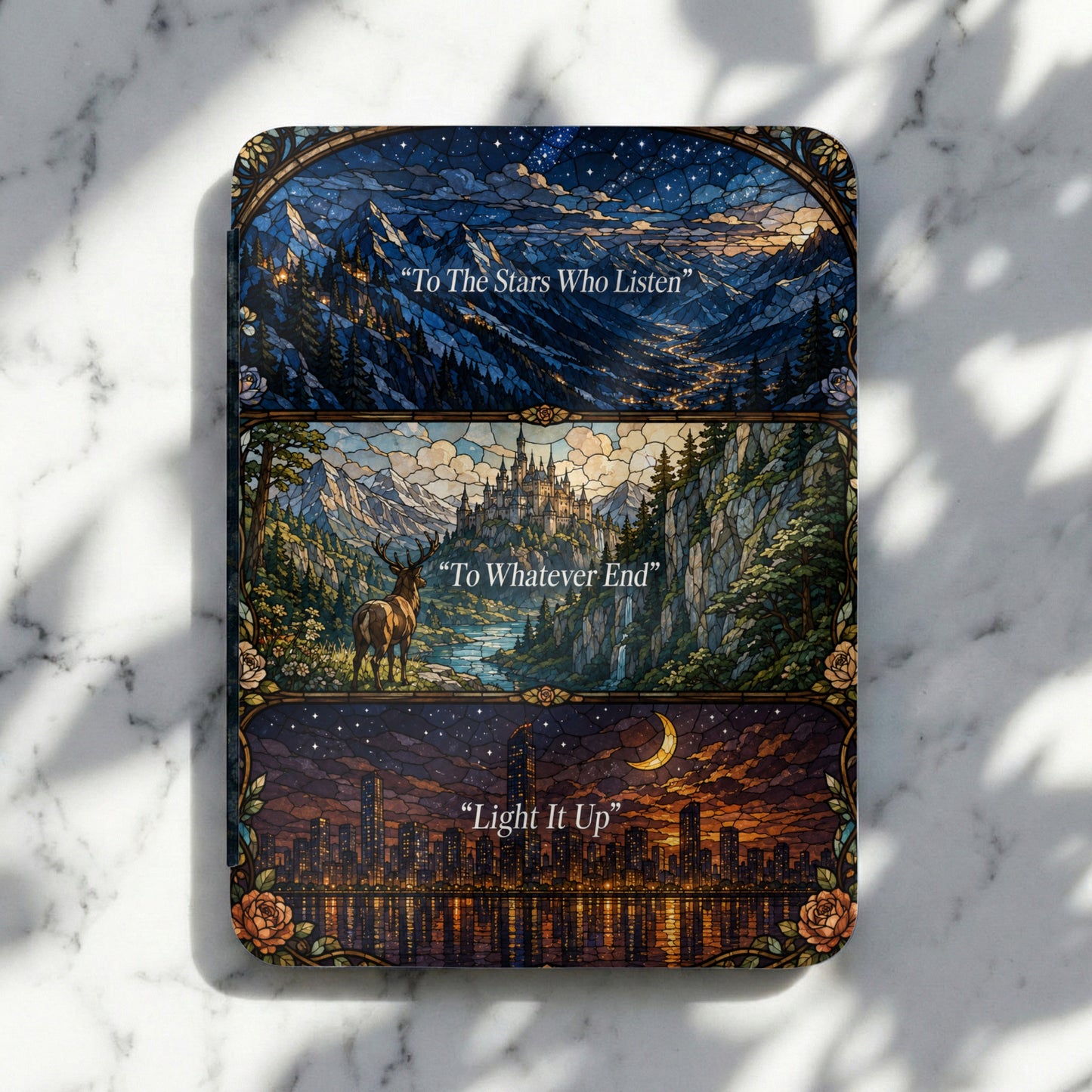 Three stained-glass style panels with mountain, castle, and city scenes, and quotes.