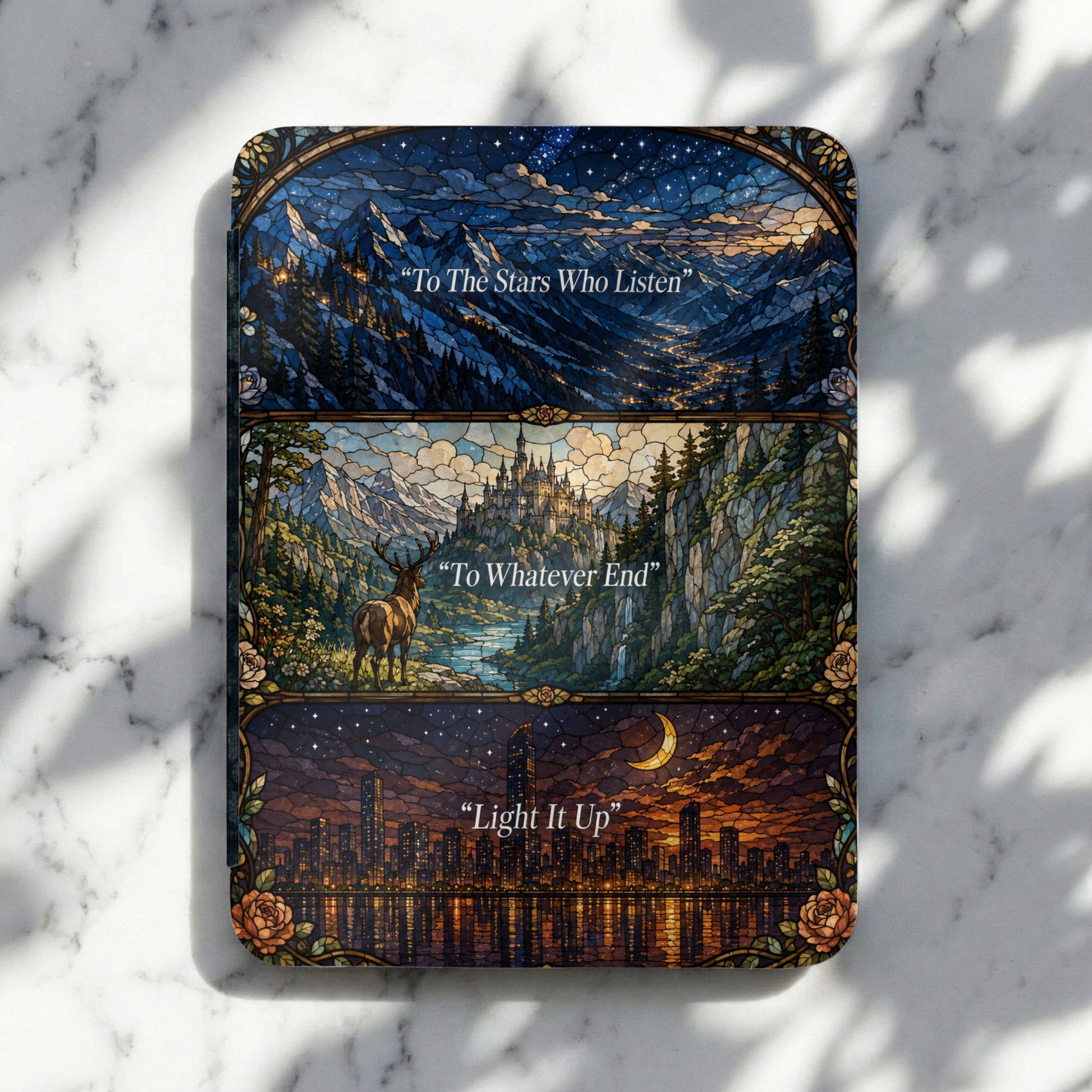 Three stained-glass style panels with mountain, castle, and city scenes, and quotes.
