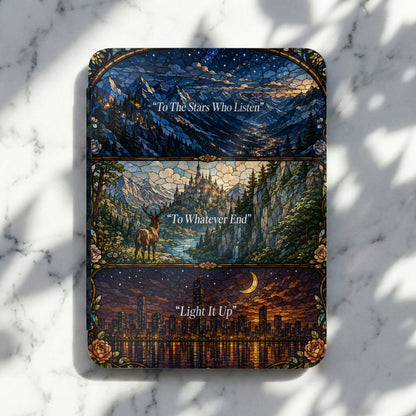 Three stained-glass style panels with mountain, castle, and city scenes, and quotes.