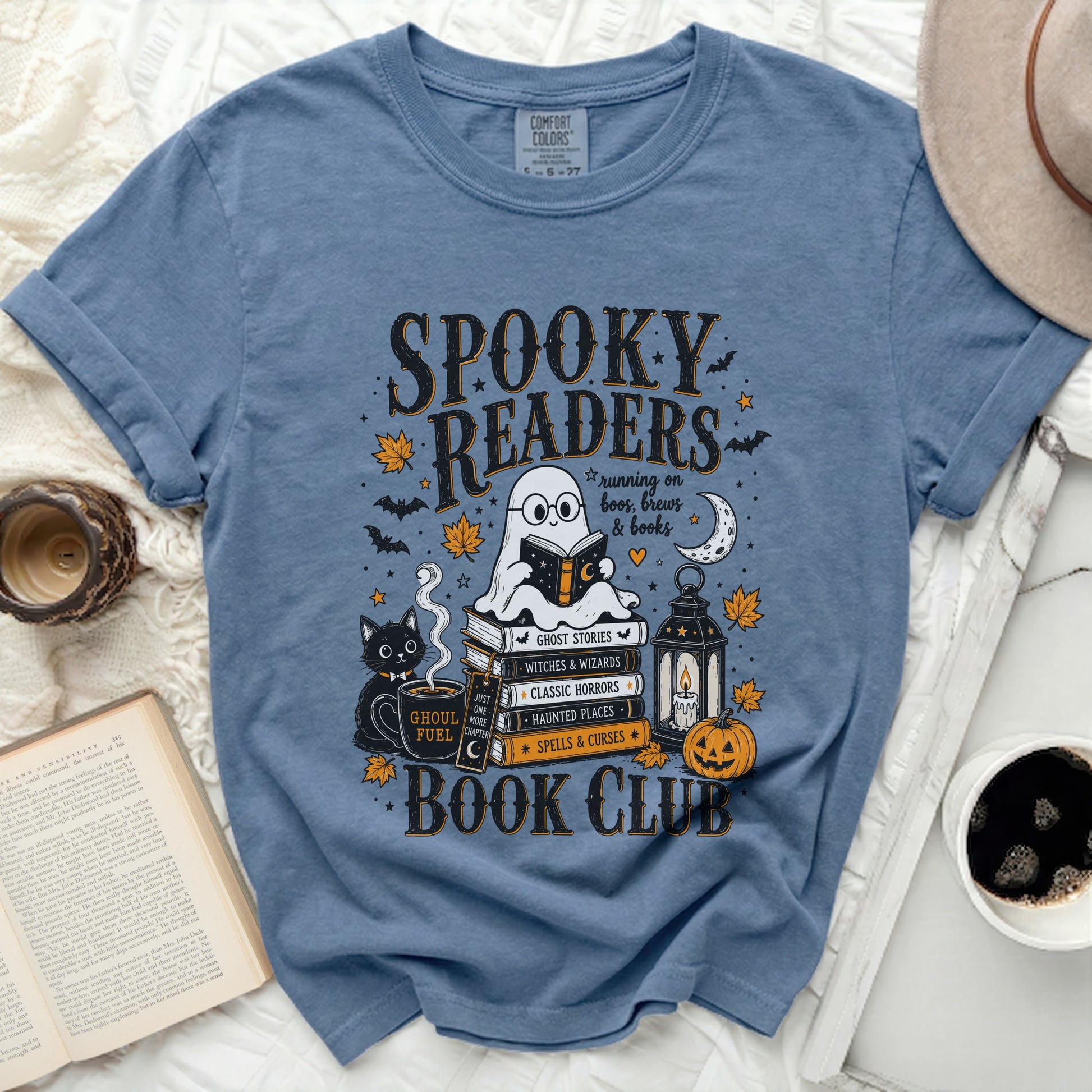 Spooky Readers Book Club graphic with ghost, cat, books, pumpkin, and lantern.