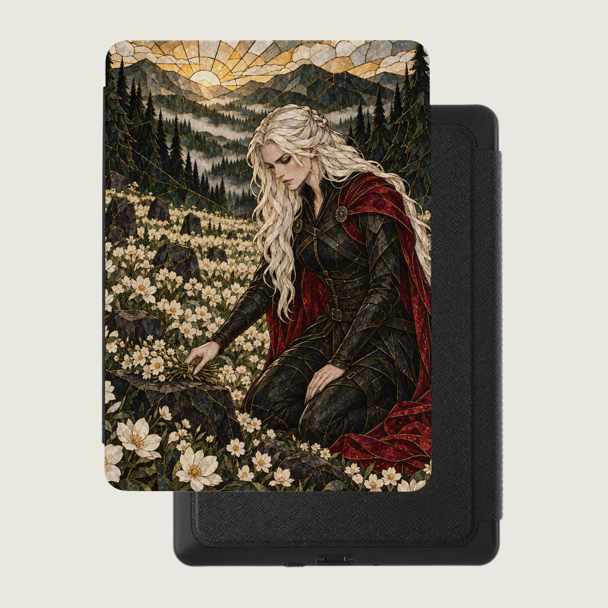 A woman with blonde hair in a black outfit and red cape kneels in a field of white flowers.