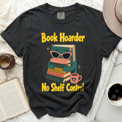 Dark grey t-shirt with "Book Hoarder No Shelf Control" and book graphic.