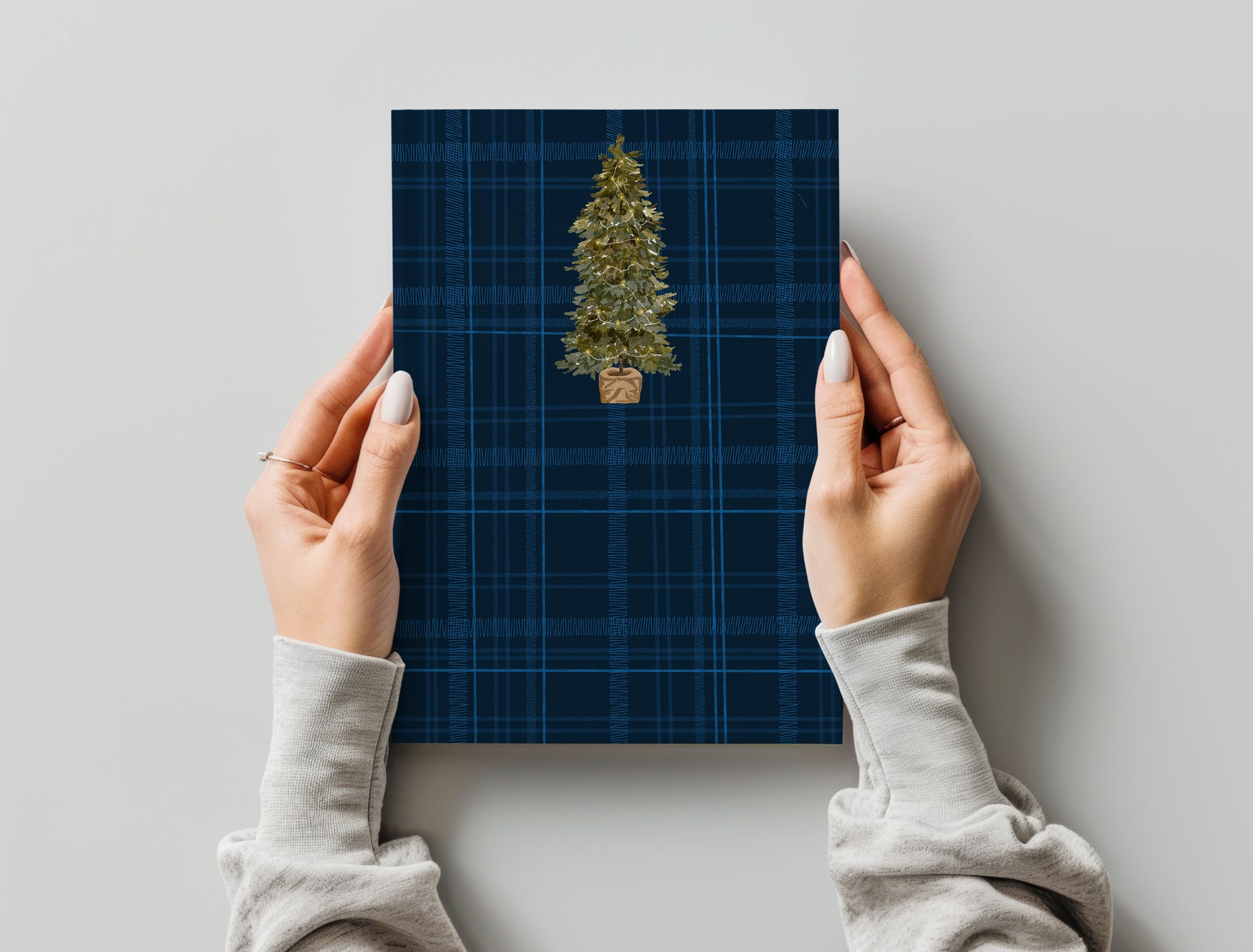 Festive Blue Plaid Christmas Tree Greeting Card