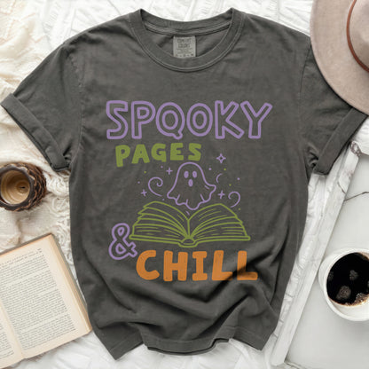 Spooky Pages and Chill graphic tee with ghost and open book.