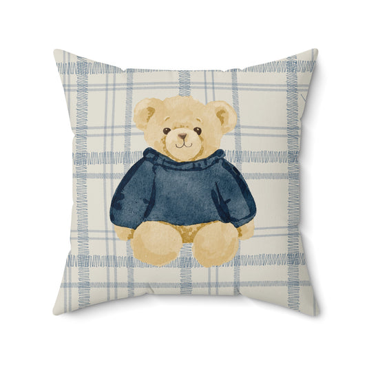 Cute Teddy Bear Illustration on Plaid Throw Pillow