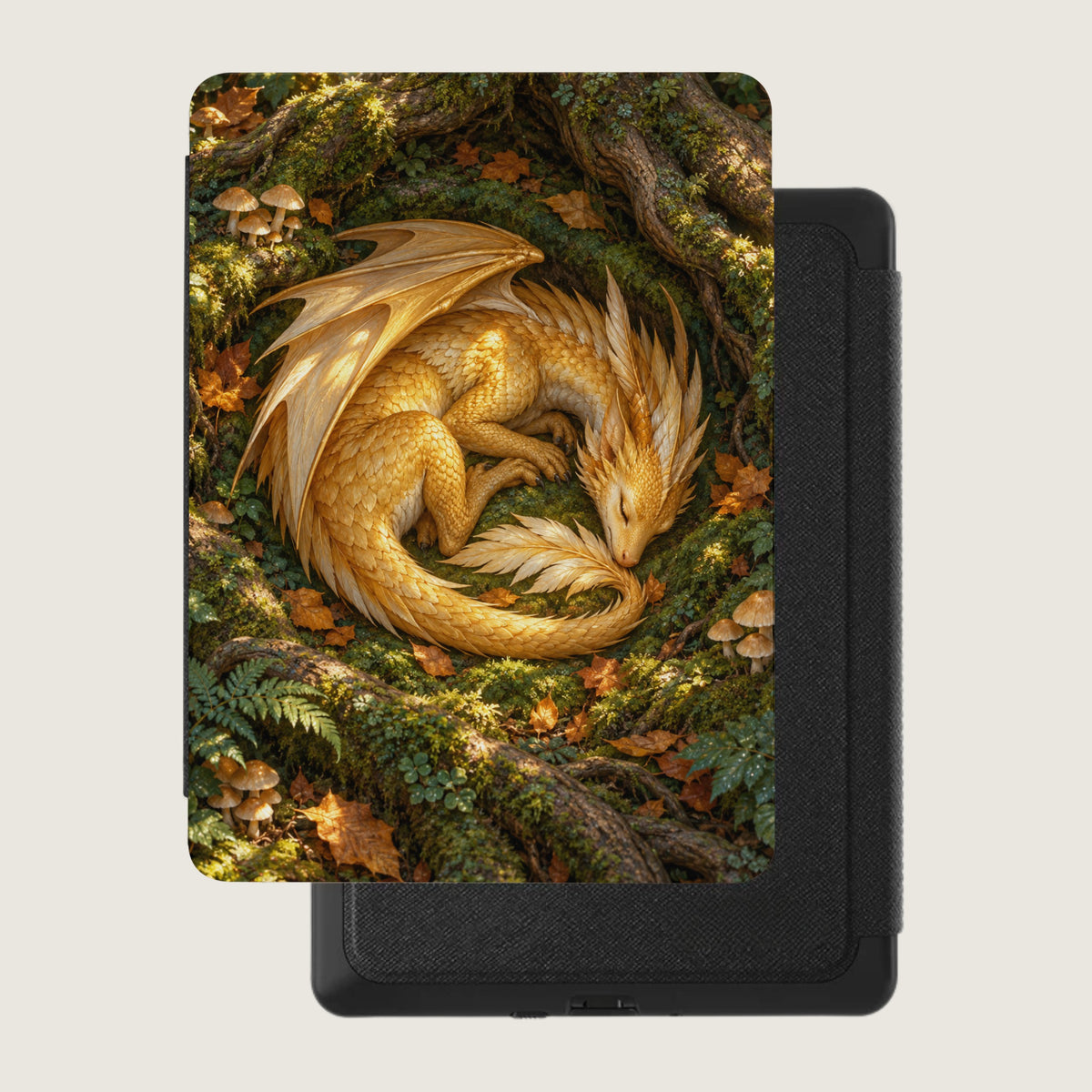 Golden dragon curled asleep in mossy forest with mushrooms and fallen leaves.