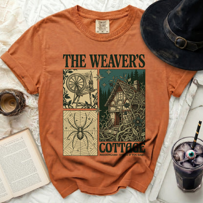 Orange t-shirt with "The Weaver's Cottage" text and graphics.