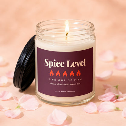Candle with "Spice Level" label, five flames, "Five Out of Five" text.