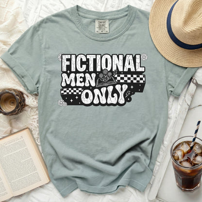 Comfort Colors t-shirt with "Fictional Men Only" graphic and book design.
