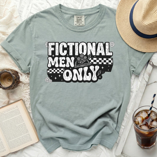 Comfort Colors t-shirt with "Fictional Men Only" graphic and book design.