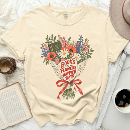 Cream t-shirt with "Books & Flowers Happier Days" floral bouquet graphic.
